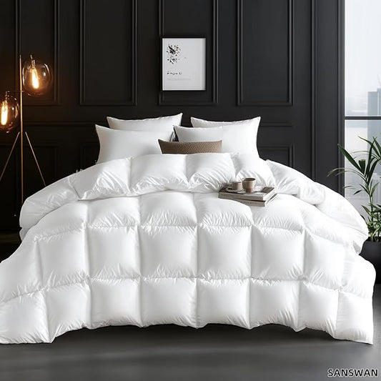 SANSWAN Luxury Goose Down Comforter Queen Size, All Season Fluffy Duvet Insert, 750 Fill Power, Soft Cotton Fabric, 48oz Medium Weight, Hotel Bedding Comforter with Corner Tabs, 90 x 90 Inch