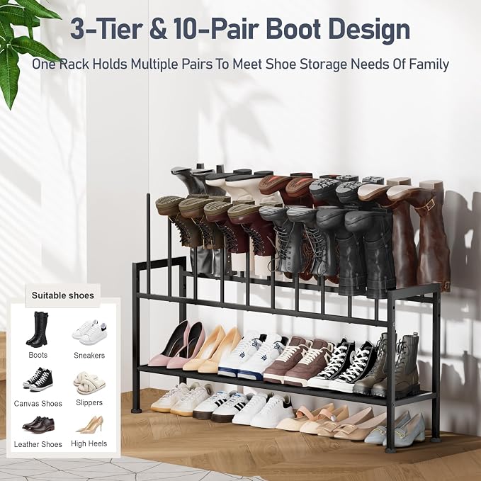 DIMJ Boot Rack 3-Tier - Black Metal Boot Storage Rack for Tall Boots Organizer, Multiuse Shoe Rack for Boots, Sneakers, High-Heel, Entryway, Fit for 10 Pairs, Black - Image 4
