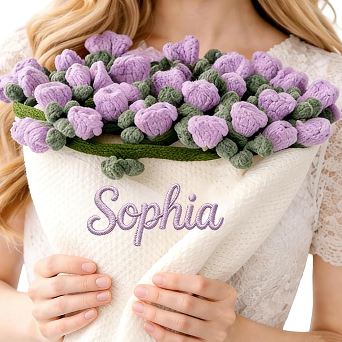 Personalized Handmade Crochet Rose Flower Blanket Bouquet – Custom Name Gift for Mother's Day, Valentine’s Day（Lily of the Valley）