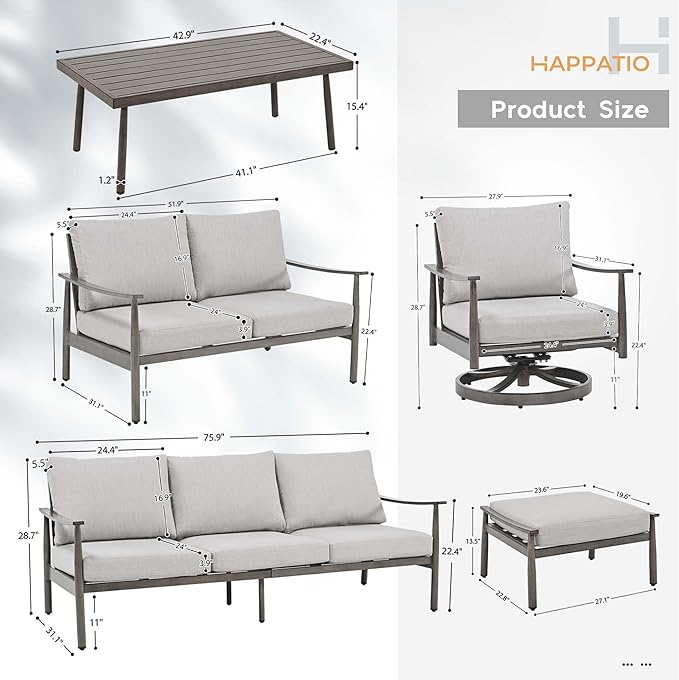 HAPPATIO Patio Outdoor Furniture Set - 7 Pieces Aluminum Outdoor Conversation Set Includes 1 Three-Seater Sofa, 1 Loveseat, 1 Coffee Table, 2 Swivel Chairs and 2 Ottomans for Porch, Lawn (Grey)