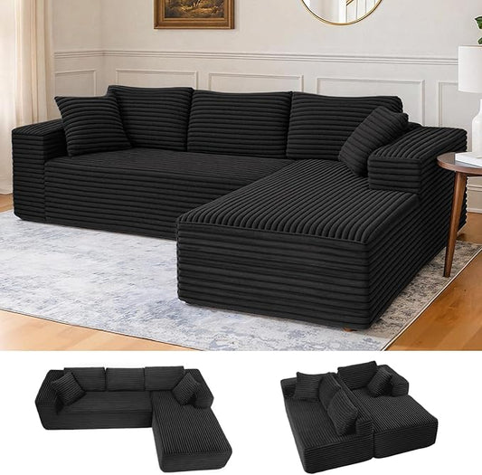 LUCKLIFE Modular Sectional Couch with L-Shape Chaise,Corduroy Upholstery Boneless Couches for Living Room,Oversized Sleeper Sofa,No Assembly Required (Black, L Shape with Right Facing Chaise)