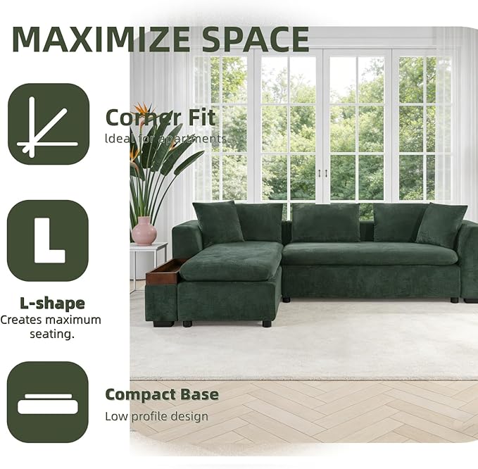 93.7" L-Shaped Sectional Sofa with Storage Chaise, Modern Couch for Living Room, Chenille Upholstered Couch with Deep Seats & Throw Pillows, Modern Corner Sofa for Living Room, Green