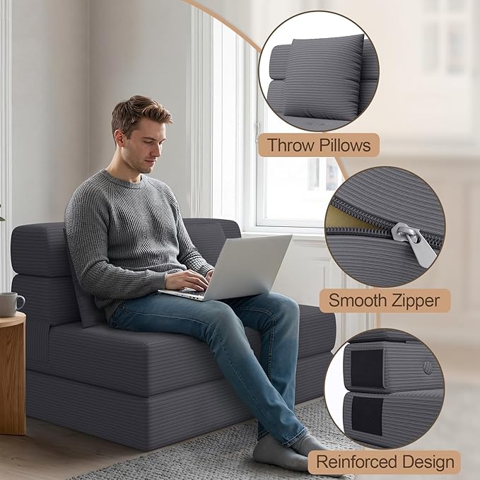 Folding Sofa Bed, Convertible Sleeper Chair & Couch Bed with Pillow, One-Piece High-Density Sponge Mattress, Multi-Purpose Corduroy Floor Sofa for Living Room, Office, Apartment, Grey, Twin