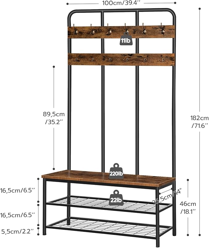 HOOBRO Hall Tree with Bench, Entryway Bench with Coat Rack, Mud Room Rack with 12 Double Hooks and Shoe Storage, Coat Tree, Shoe Rack Organizer, for Foyer, Front Door, Rustic Brown BF05MT01 - Image 4