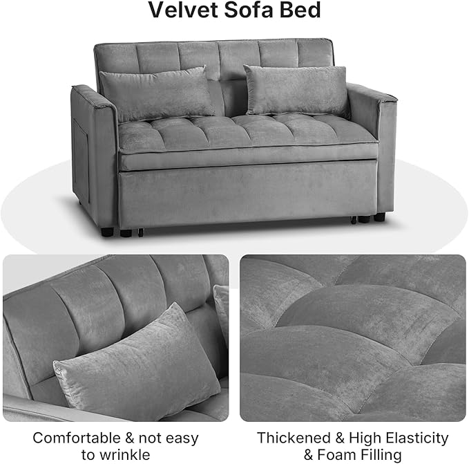 Rovibek 3 in 1 Sleeper Sofa Bed, 53'' Pull Out Couch Convertible Futon Loveseat with Adjustable Backrest, Velvet Sleeper Chaise Lounge Futon for Apartment Office Small Space, Dark Grey