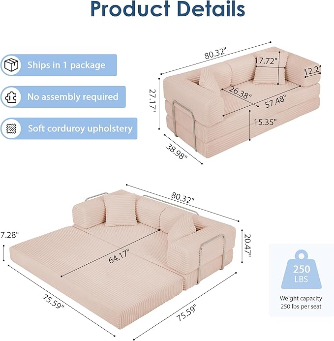 Eafurn 4-in-1 Convertible Folding Sofa Bed Boneless Loveseat Sofa in a Box - Foam Sleeper Couch with Fxied Frame, Modern Corduroy Upholstered Floor Couch & Fold Out Mattress | Breathable material, Fixed-shape Frame
