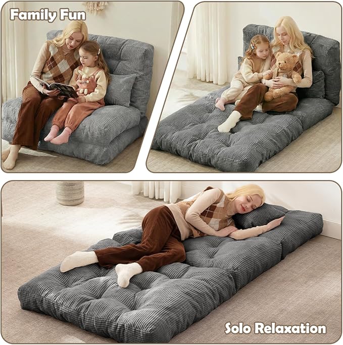 Folding Sofa Bed, Convertible Sleeper Chair with Pillow Foldable Mattress with Back Support, Portable Fold Out Chair Bed Comfy Floor Sofa Lounge for Living Room Bedroom, Dark Gray Twin 80x39 Inch