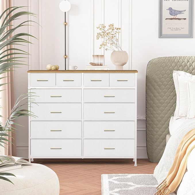 VASICAR White Dresser for Bedroom with 12 Deep Drawers, Wide Chest of Drawers, 55" TV Stand with Retro Wood Top, Tall Fabric Dresser for Closet, Nursery - Image 2