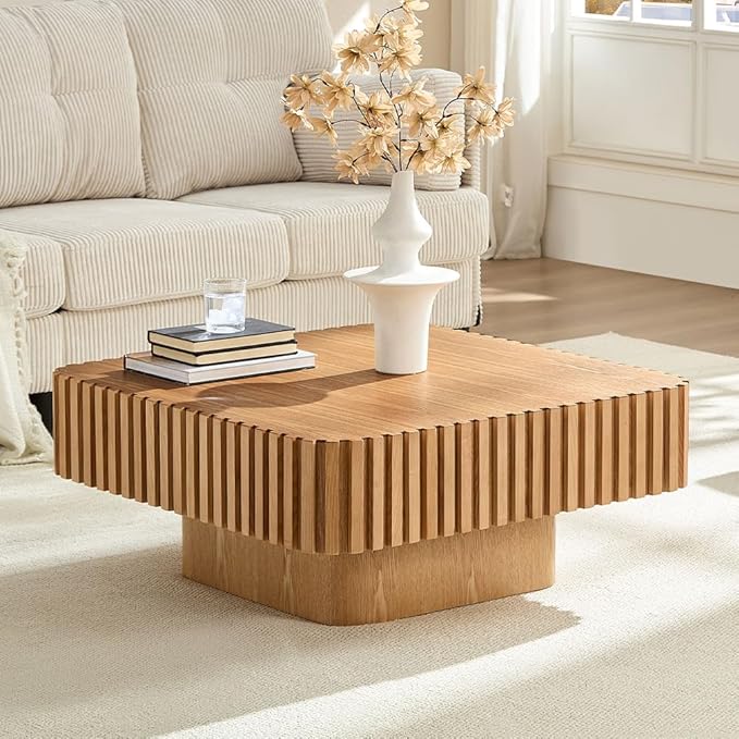 WILLIAMSPACE 35.43" Square Coffee Table with Sturdy Base, Modern Luxury Wood Drum Center Table Accent End Side Table for Living Room, Minimalist Fluted Design, Oak