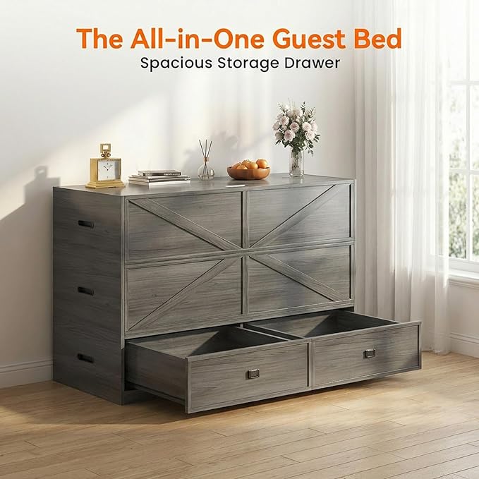 CECER Murphy Bed Queen with Mattress Include，Queen Size Murphy Bed with Storage Drawers，Multi-Functional Desgin that Converts to Sofa Set for Small Spaces/Guest Room/Bedroom（Grey）