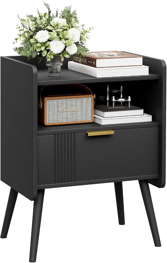 Aenuert Night Stand Modern End Table with Storage Drawer and Open Shelf, Small Bedside Stand, Wooden Sofa Side Table for Bedroom,Study Room and Small Spaces (Black) - Image 9