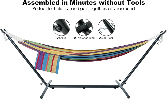 GAFETE Double Hammock with Stand for Outside, Upgraded Spreader Bar, Heavy Duty Space Saving Steel Stand 2 Person, Side Pockets, Easy Assembly, 600lbs Weight Capacity, Indoor & Outdoor (Classic Red) - Image 7