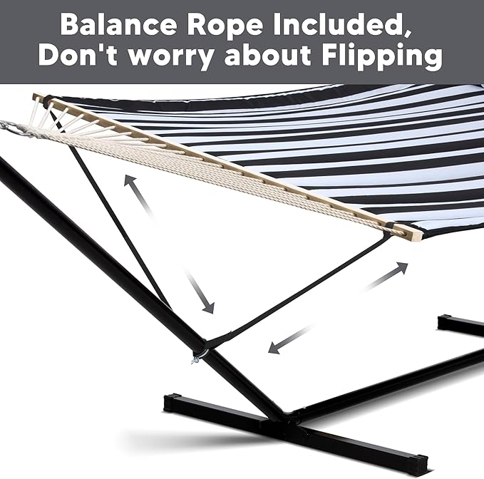 SUNCREAT Two Person Hammock with 12ft Stand Included, Max 475lbs Capacity, Heavy Duty Free Standing Hammock, Black Stripes - Image 3