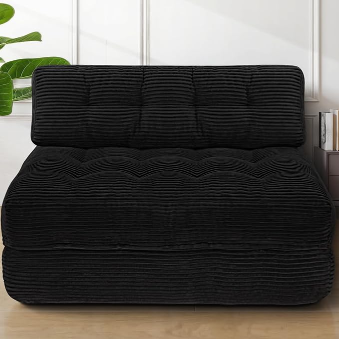 Folding Sofa Bed, Convertible Sleeper Chair with Pillow & Handle, Foldable Mattress Futon Chair Bed Lounge with Back Support, Comfy Floor Sofa for Living Room Bedroom, Black, Full