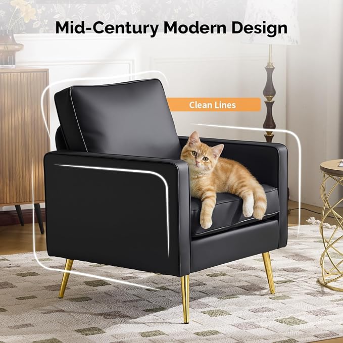 VINGLI Modern PU Leather Accent Chair, Single Sofa Chair with Pocket Coil Seat, Metal Backrest & Solid Wood Frame, Upholstered Armchair for Living Room, Bedroom or Office