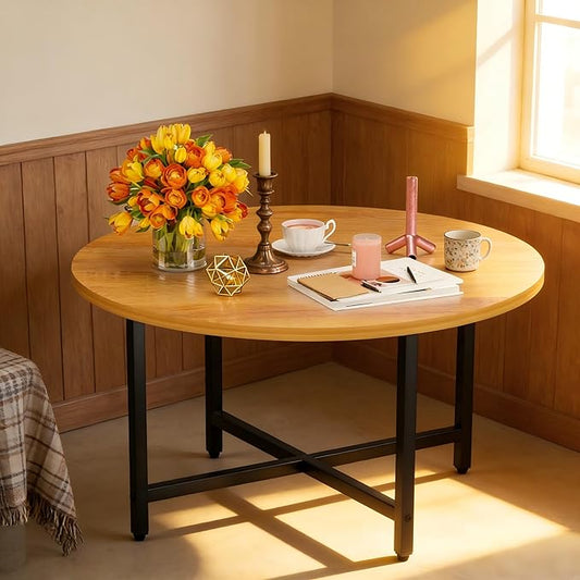 Round Coffee Table, Small Coffee Tables for Living Room, Wood Coffee Table with Metal Frame, Floor Table Desk for Sitting on The Floor, Home, Office, Farmhouse, Honey Brown (23.6"D x 17.7"H)