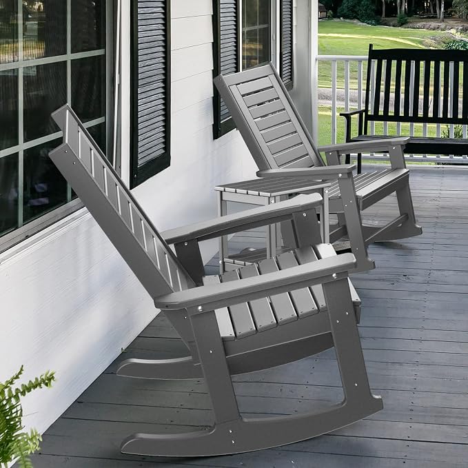 GREENVINES Outdoor Rocking Chair Set | 3-Piece | 2 Rocking Chairs with 1 Side Table | Porch Rocker | HDPE Plastic | Grey | Patio Furniture Sets | High Back | Big & Tall | Ladder Back - Image 6