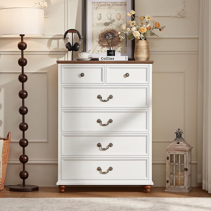 Joaxswe Farmhouse 6 Drawer Dresser Set of 2 for Bedroom, 42" Tall Rustic Chests of Drawers w/ 4 Solid Wood Feet, Mid Century Vintage Wooden Closet Storage Dressers Organizer for Living Room,White - Image 7