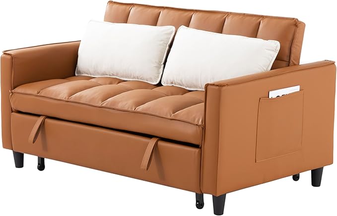 3 in 1 Convertible Sofa Bed, Love Seat Sleeper Bed with Side Pockets, PU Fabric Pull Out Couch with Adjustable Backrest for Living Room, Bedroom, Apartment, Brown