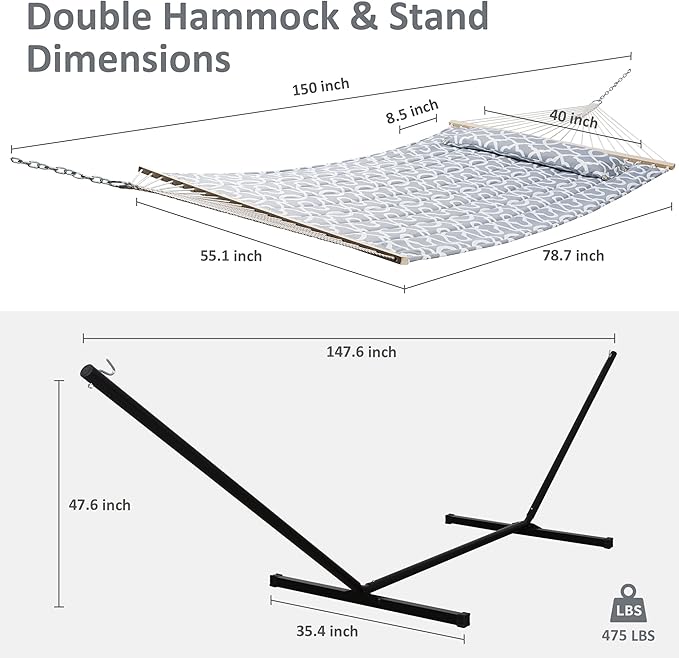 SUNCREAT 55 Inch Extra Large Double Hammock with Stand, 475lbs Capacity, Outdoor Portable Hammock with Hardwood Spreader Bar, Extra Large Pillow, Grey - Image 4