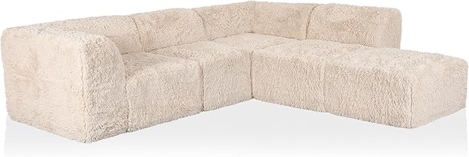 Furniture of America Havyn Modern Faux Fur 5-Seater L-Shaped Modular Foam Sectional Sofa with Ottoman, Compressed Couch in a Box, No Assembly Required, for Living Room and Office, Sand