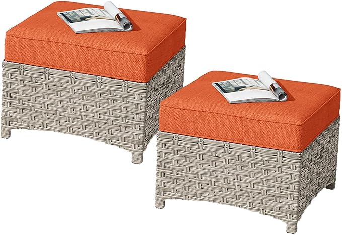HOOOWOOO 2 Piece Patio Ottoman Set,Outdoor Wicker Ottomans,All Weather Resistant Rattan Deck Ottoman Matching Furniture(Red)