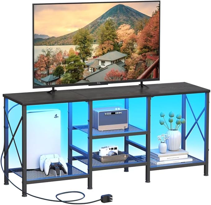 JARHETUN TV Stand with LED Lights for 55 Inch TV, Entertainment Center with 3-Tier Open Shelves, TV Console Table for Living Room, Bedroom, Black by JARHETUN
