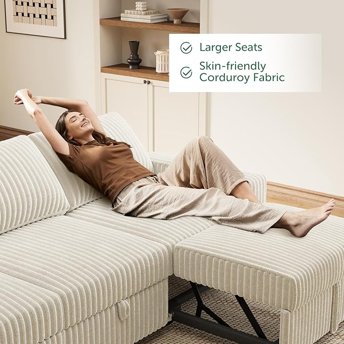 HONBAY 94.5 Inch Sectional Sofa, Modular L & U Shaped Pull Out Couch with Adjustable Backrest & Storage, Velvet White
