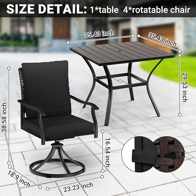 LEVELEVE 5 Piece Outdoor Patio Dining Set with 4 Swivel Dining Chairs & 1 Large Round Dining Table,Bistro Furniture Set for Lawn, Garden, Deck, Backyard and Porch - Image 5