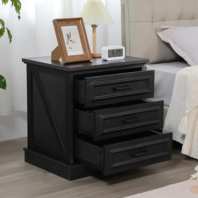 Farmhouse Nightstand with Charging Station, Wood Night Stands with 3 Drawers, 22" Wide End Table with Storage, Black Bedside Cabinet for Bedroom - Image 7