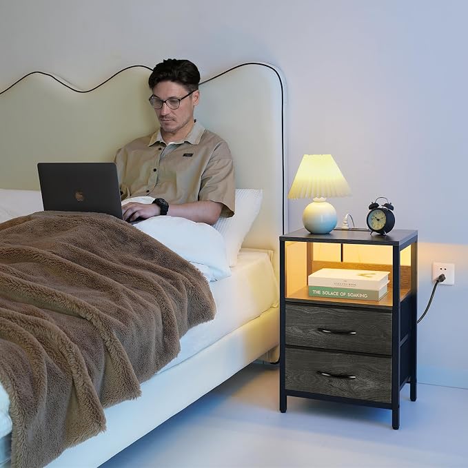 Yoobure Nightstand with Charging Station, LED Night Stand with Fabric Drawers and Storage Shelf for Bedroom, Nightstands Bedside Tables with USB Ports & Outlets, Small Night Stands, Bed Side Table - Image 2