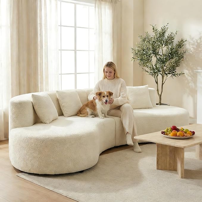 Modern Curved Sectional Sofa Couch 95" Beige - Cloud Fleece Upholstered 4-Seater Modular Boneless Couches for Living Room, Office, Apartment