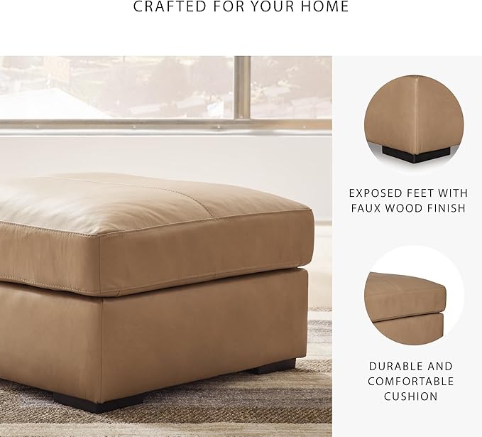 Signature Design by Ashley Bandon Contemporary Leather Match Upholstered Oversized Accent Ottoman, Light Brown