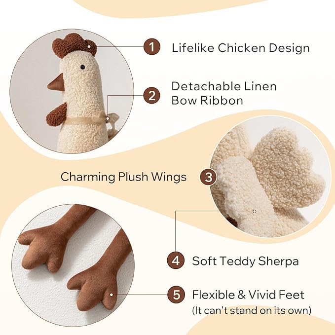 Phantoscope Chicken Shaped Throw Pillow, Soft Teddy Sherpa Hen Pillow with Ribbon, Decorative Easter Chicken Pillow with Wings Cockscomb Feet for Living Room Bedroom, Beige, 29x15 inches