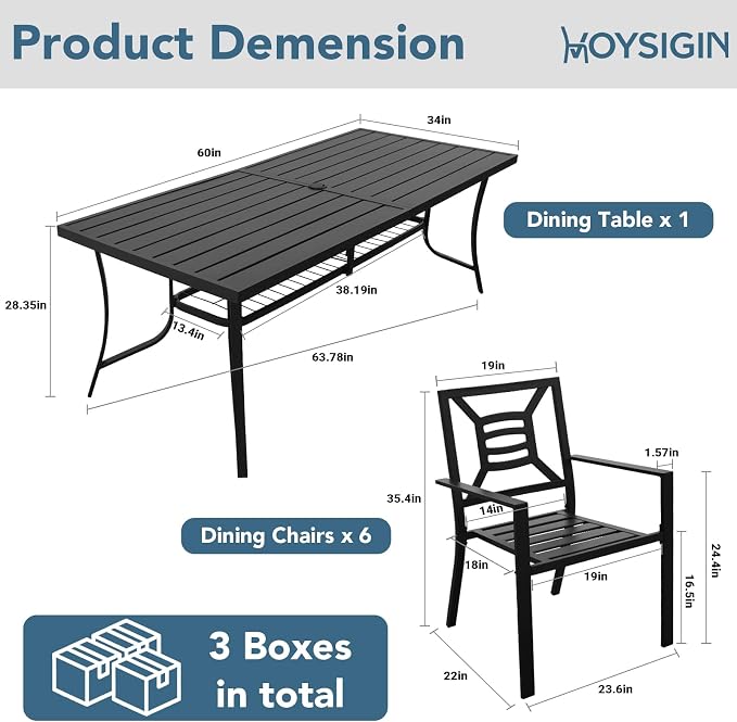 7 Piece Outdoor Patio Dining Sets, 60" Rectangular Metal Dining Table with Umbrella Hole & 6 Stackable Metal Chairs, Weather Resistant Garden Furniture Set for Backyard, Deck, Porch - Image 4