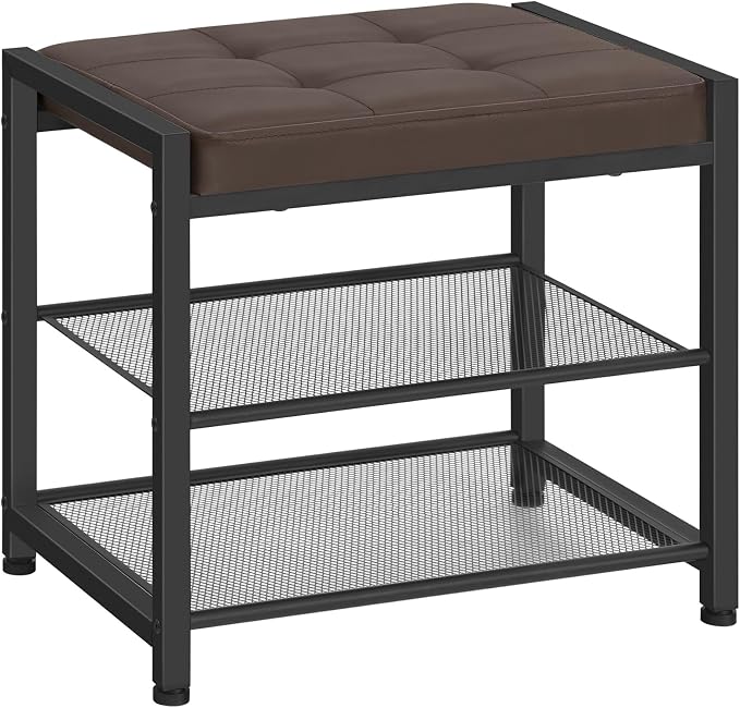 HOOBRO Small Shoe Bench, 3-Tier Shoe Rack, Shoe Storage Bench with PU Seat Cushion, Entryway Shoe Rack Bench with Metal Mesh Shelves, Freestanding Shoe Organizer for Hallway, Brown CB33HX01 by HOOBRO
