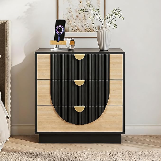 3 Drawer Nightstand with Charging Station,28" Fluted Night Stand & Modern Bedside Table, Wood End Table Storage Cabinet for Bedroom Hallway, Entryway,Black - Image 9