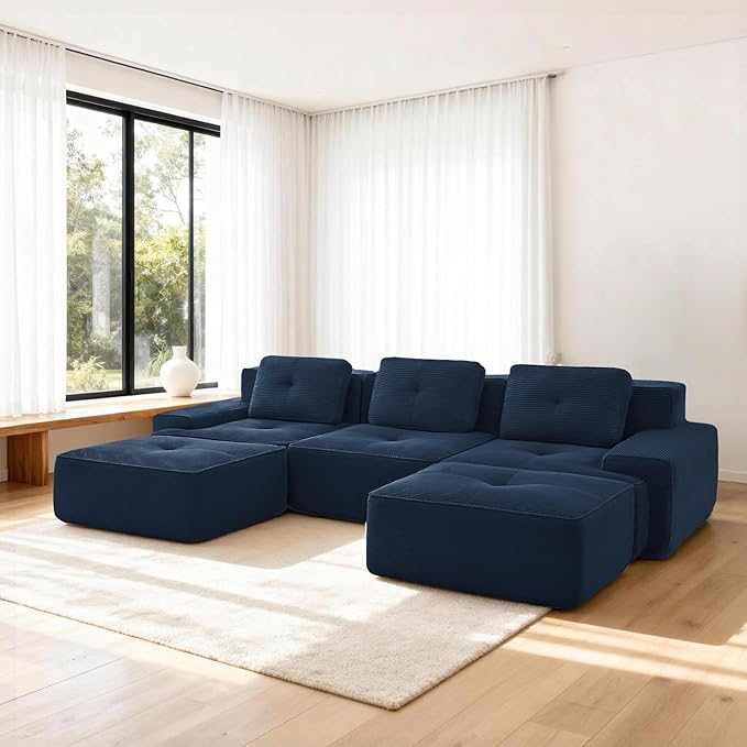 Casaphoria 115'' Blue Modular Sofa Set, 3-Seat U-Shaped Corduroy Couch with 2 Ottomans for Large Living Room No Assembly Required Deep Seat Sectional Couch