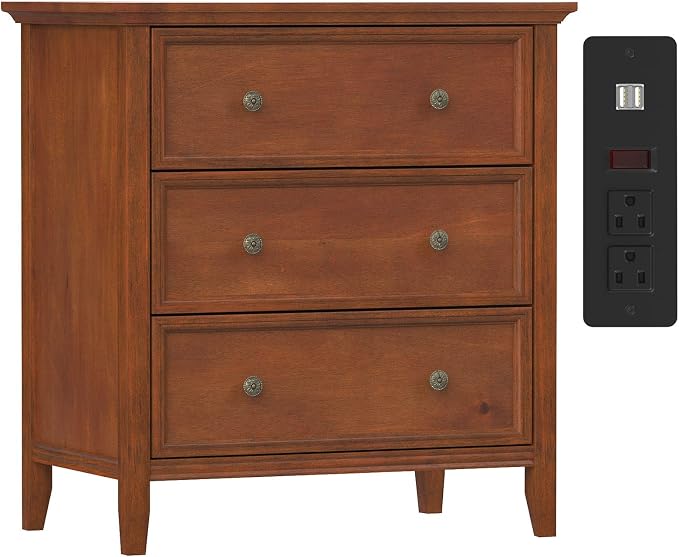 IKENO 3 Drawer Nightstand with Charging Station, Solid Wood Caramel End Table with USB Ports & Outlets, Modern Bedside Table with Storage Drawers for Bedroom, Living Room, 27.6" W x 16.8" D x 26.8" H by IKENO