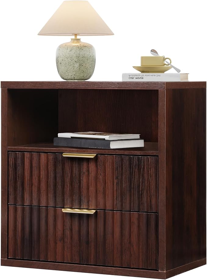 WLIVE Fluted Night Stand, Wood Nightstands with 2 Storage Drawers and Open Shelf, Mid Century Modern Bed Side Tables for Bedroom, Dorm, Espresso - Image 6