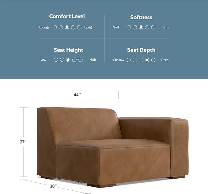 SIMPLIHOME Rex Right-Arm Sofa Module in Full-Grain Genuine Leather, Caramel Brown, 44-inches Wide, Handcrafted Modern-Style Right-Arm Accent Chair for Living Room and Family Room
