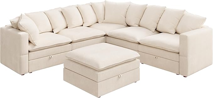 HHONBAY Modular Sectional Sofa, 6 Seaters Corduroy Sectional Couchwith Ottoman, L Shaped Sofa with Storage & Pillows, Beige