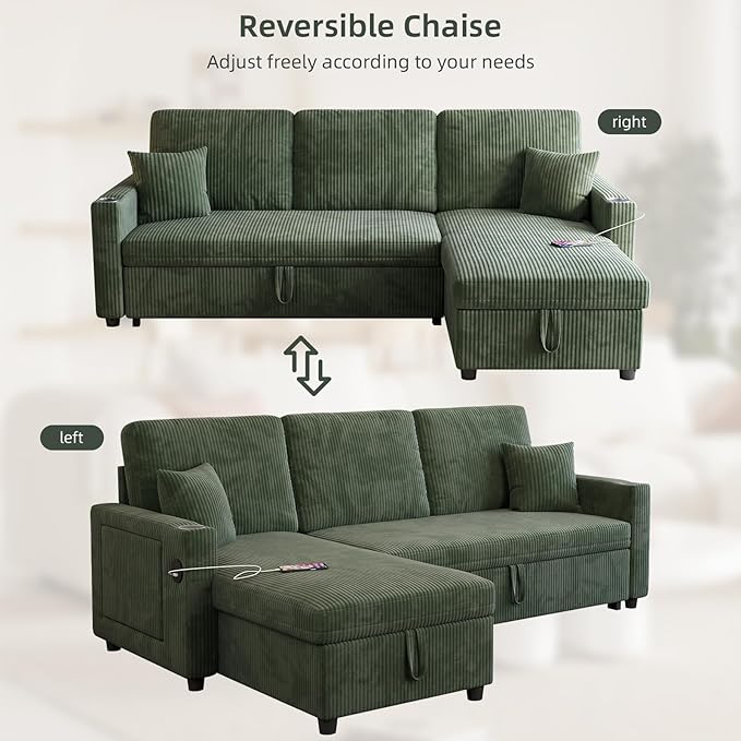 L-Shape Sleeper Sofa with Storage & Ports, Pull-Out Couch Bed with Cup Holders, Side Pockets & Side Table for Living Room, Apartment, Green