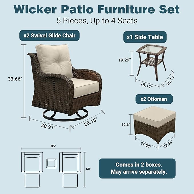 Patio Furniture Set, 5PCS Outdoor Wicker Conversation Set with 6" Thick Cushions, High Back Swivel Rocker Chairs, Weather Resistant Olefin Fabric for Garden, Poolside, Beige
