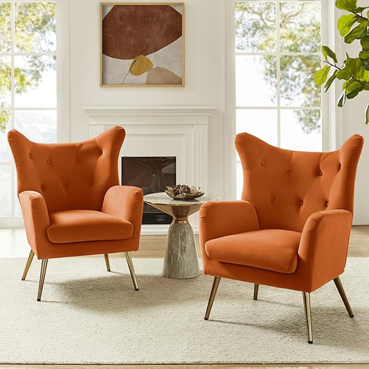 HULALA HOME Velvet Accent Chair Set of 2, Modern Wingback Arm Chair with Metal Gold Legs, Velvet Tufted Upholstered(Orange)