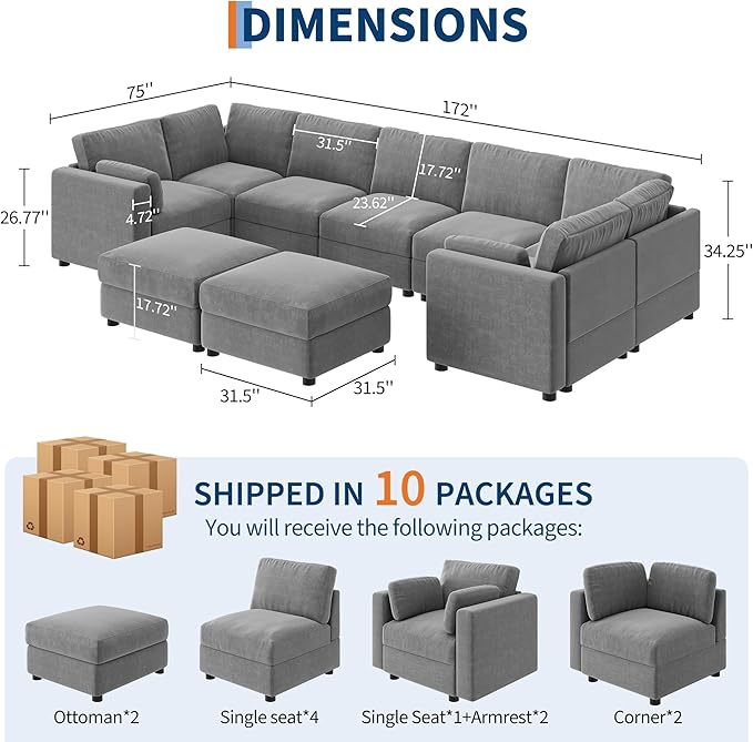 GarveeHome 172" Modular Sectional Sofa, 9 Seater Sectional Couch, U Shaped Sofa with Ottoman, Oversized Convertible Modular Couch for Living Room Apartment Office, Chenille Grey