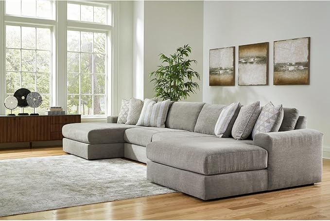 Signature Design by Ashley Avaliyah Modern Modular Anti Sag 4-Piece Double Chaise Sectional with Reversible Cushions and 6 Accent Pillows, Gray