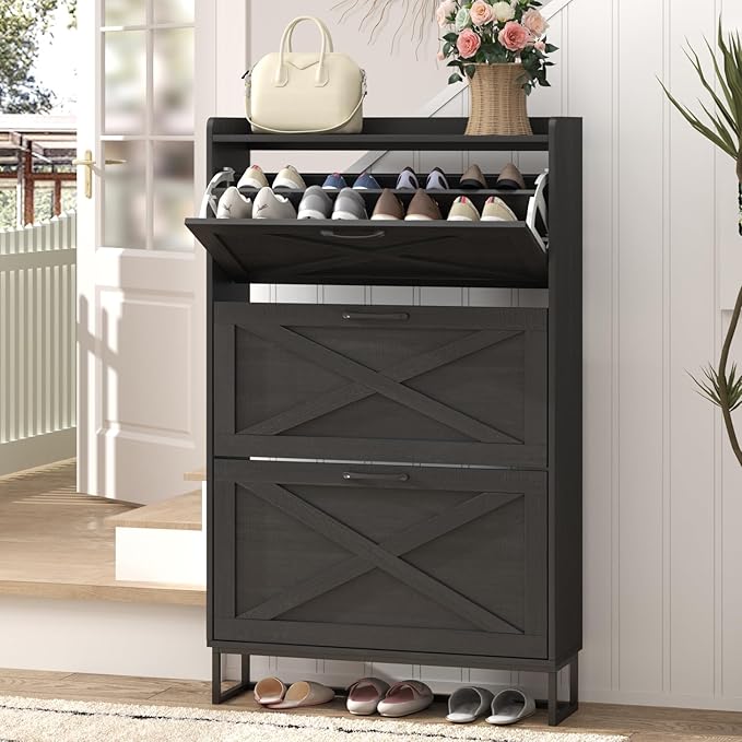 Maupvit Shoe Storage Cabinet with 3 Flip Drawers, Freestanding Organizer with Metal Legs for Entryway, Narrow Shoe Rack Cabinet, Black by MaupvitFurniture