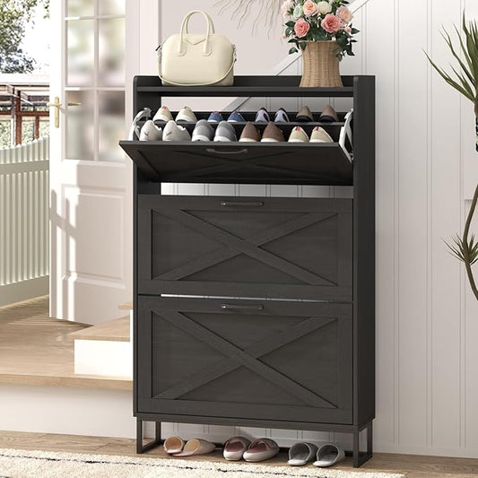 Maupvit Shoe Storage Cabinet with 3 Flip Drawers, Freestanding Organizer with Metal Legs for Entryway, Narrow Shoe Rack Cabinet, Black by MaupvitFurniture