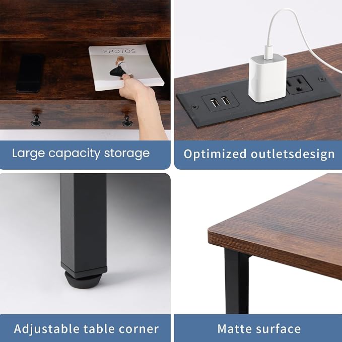 Edbuosy 3 Wooden Drawers Night Stand, 27 Inch Wide Nightstand with Charging Station and Adjustable Drawers, Small Dresser for Closet, Bedside Table for Living Room/Bedroom/Office, Retro Brown. - Image 3